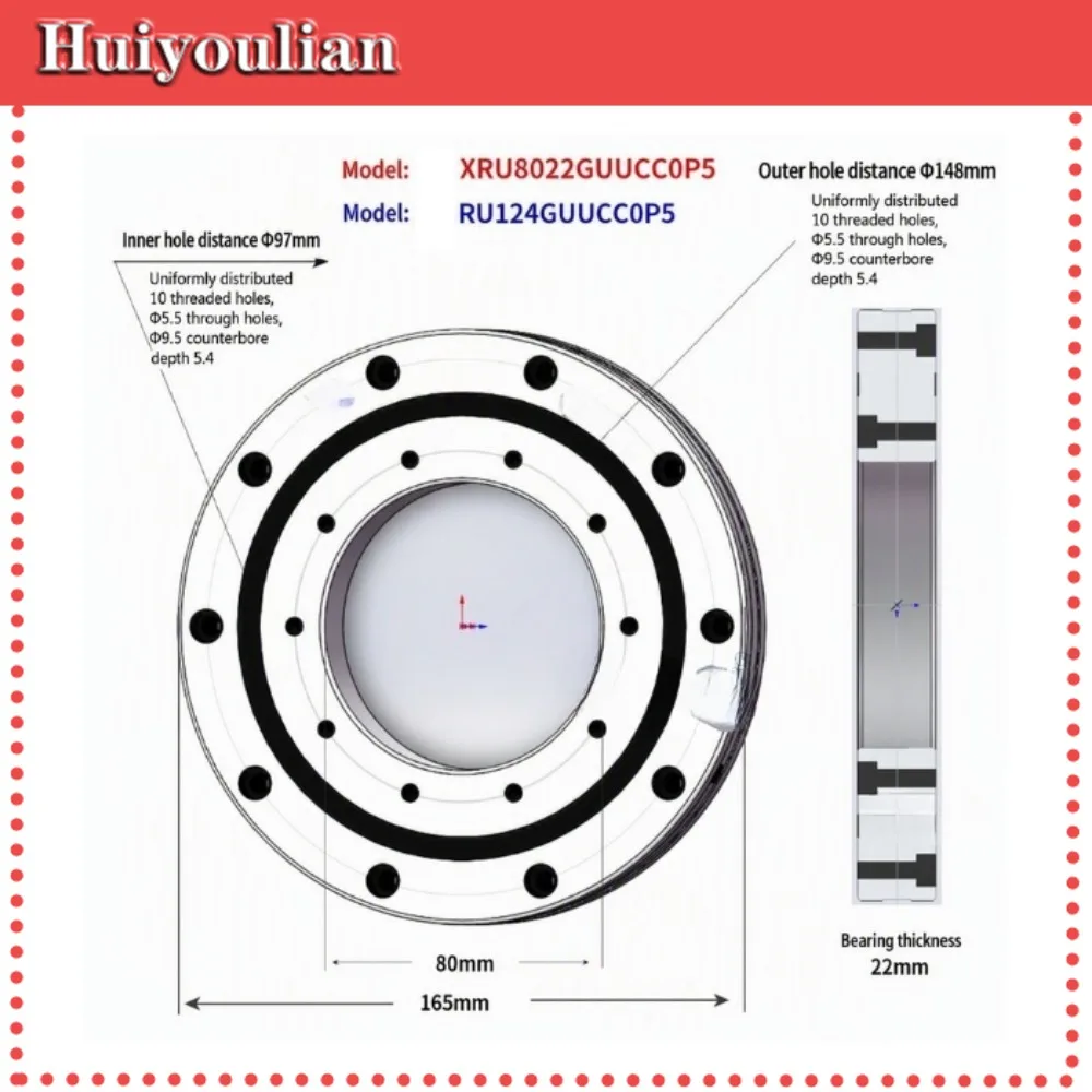 XRU8022GUUCC0P5 Crossed Roller Bearing  Precision Thin Section Rotary Bearing with Mounting Holes for Robot Joint