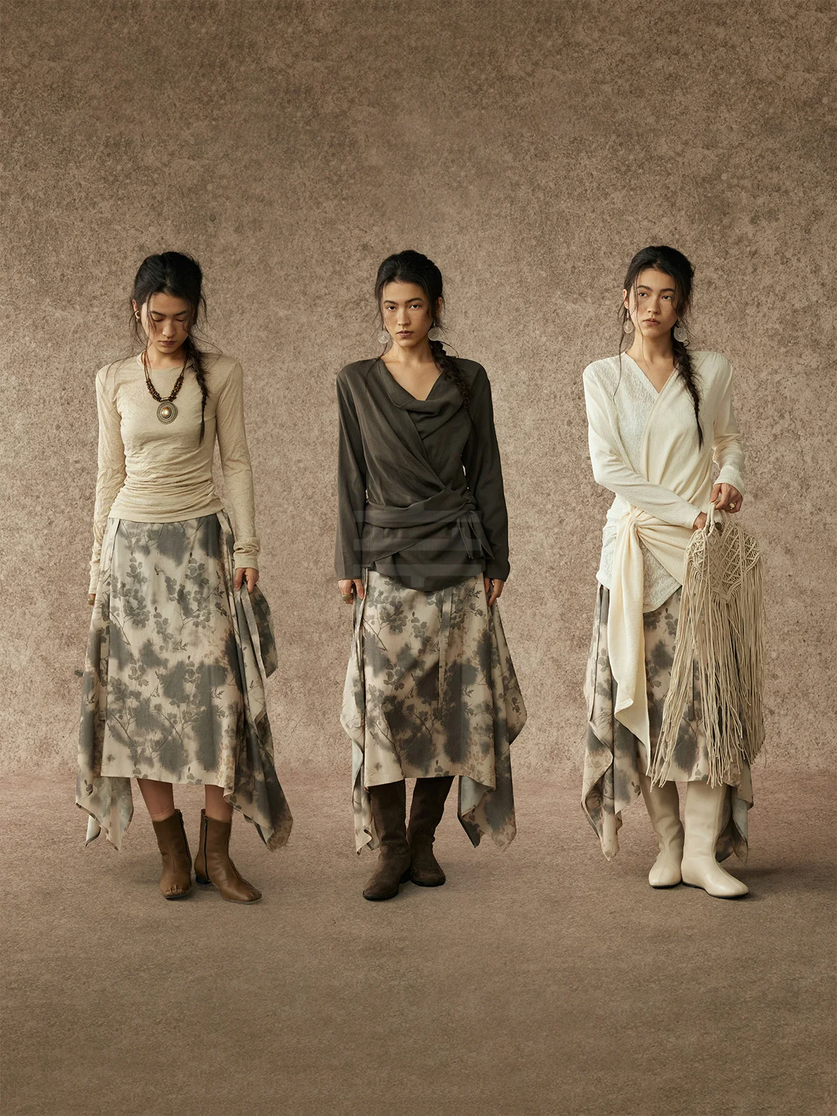 Catalpa Lew Ink Flower Valley Cloud Market Half Skirt Asymmetric Water Ink Diffusion Plant Flower Pattern mid Waist Loose Fit