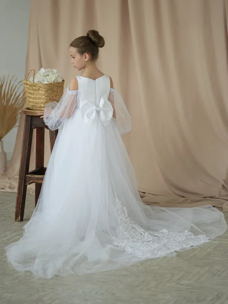 꽃의 소녀 드레스 흰색 Tulle Appliques 활 진주 긴 소매 결혼식 생일 파티 성찬식 가운