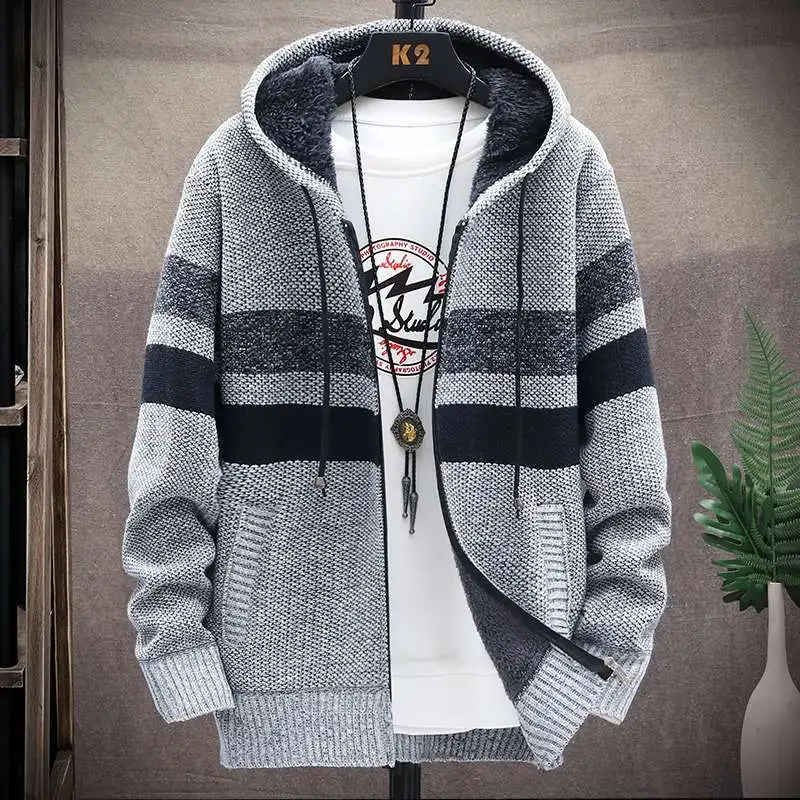 

Men's Fce Lined Hooded Sweater Cardigan Large Size Color Blo Jaet Youth Slim Fit Trendy Open Front Knitwear Coat