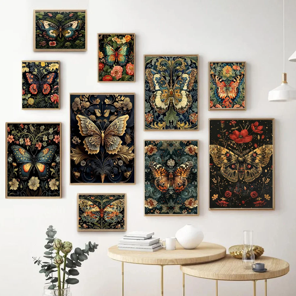 Floral Dark Academia Woodland Blue Moth Black Butterfly Poster Good Quality Prints And Posters HD Wall Art Painting Study Decor