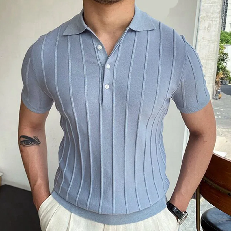 Classic Men’s Pleated Polo Cotton Shirt Old Money Striped Knit Polo in Dusty Blue Casual Turn-down Collar Button Fashion T-shirt