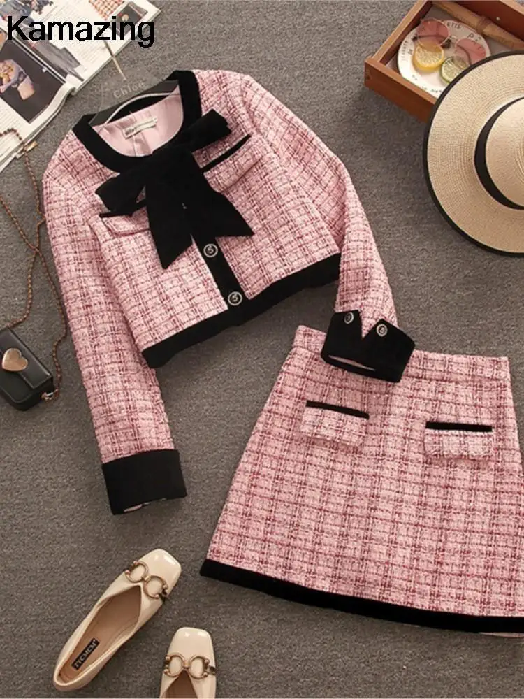 2024 Autumn Winter Tweed Two-Piece Skirt Set Women Short Jacket Coat + Mini Skirt Suits Elegant Korean Fashion Female Outfits