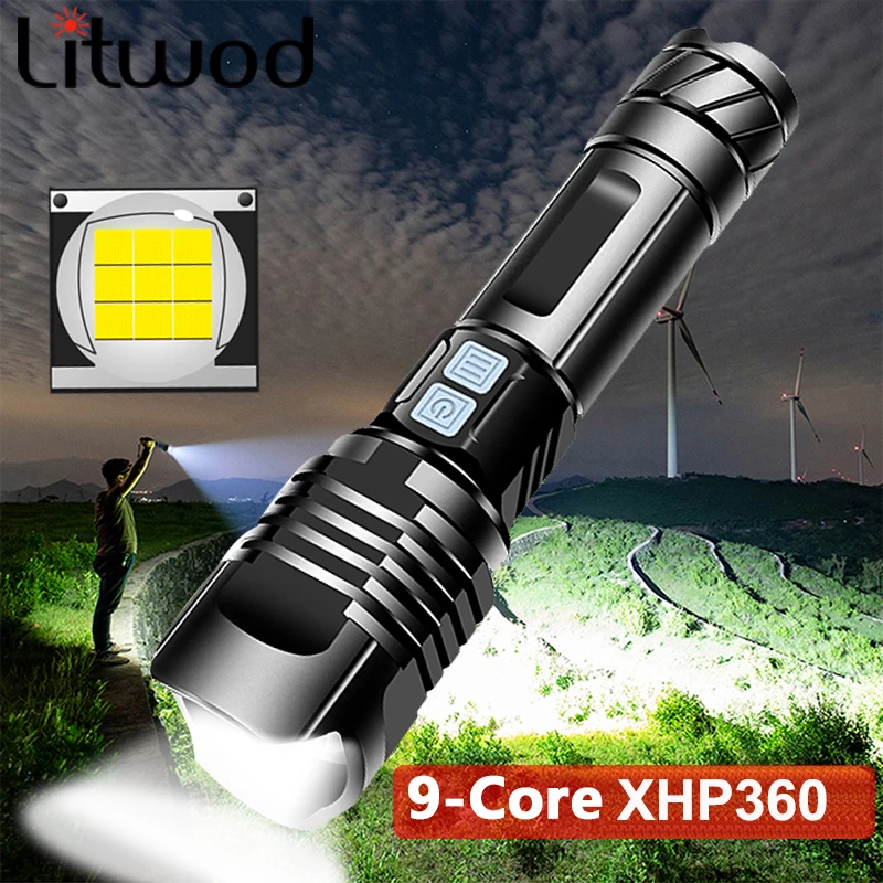 

9-Core XHP360 High Quality Powerful Tactical Led Flashlight Zoomable Torch Usb Rechargeable 18650 or 26650 Battey Lantern Light