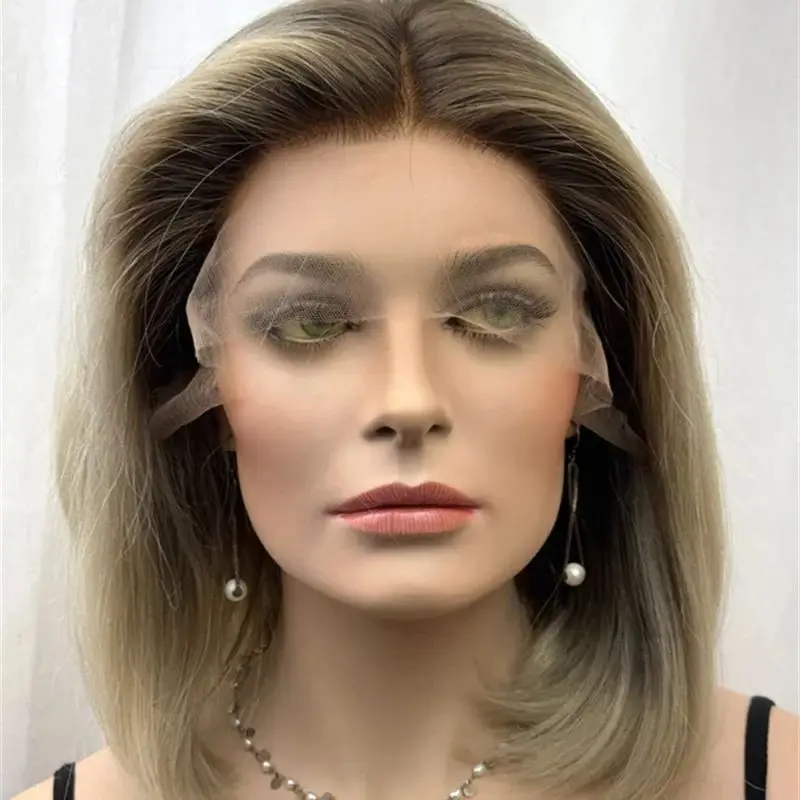 

Fashion Straight Bob 12 Inch Ombre Ash Blonde Lace Front Wig Heat Resistant Fibre Wig Natural Preplucked Hairline with Baby Hair