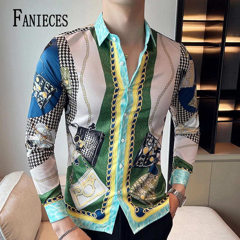 

Long-sleeved Shirt Cardigan Men Vintage Print Luxury Brand Shirt Party NightClub Slim Fit Shirt Baroque Print Business Shirt