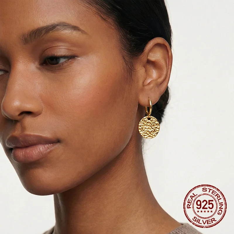 925 Sterling Silver Hammered Texture Disc Dangle Hoop Earrings Vintage Minimalist Round Pendant Earrings Jewelry Gift for Women