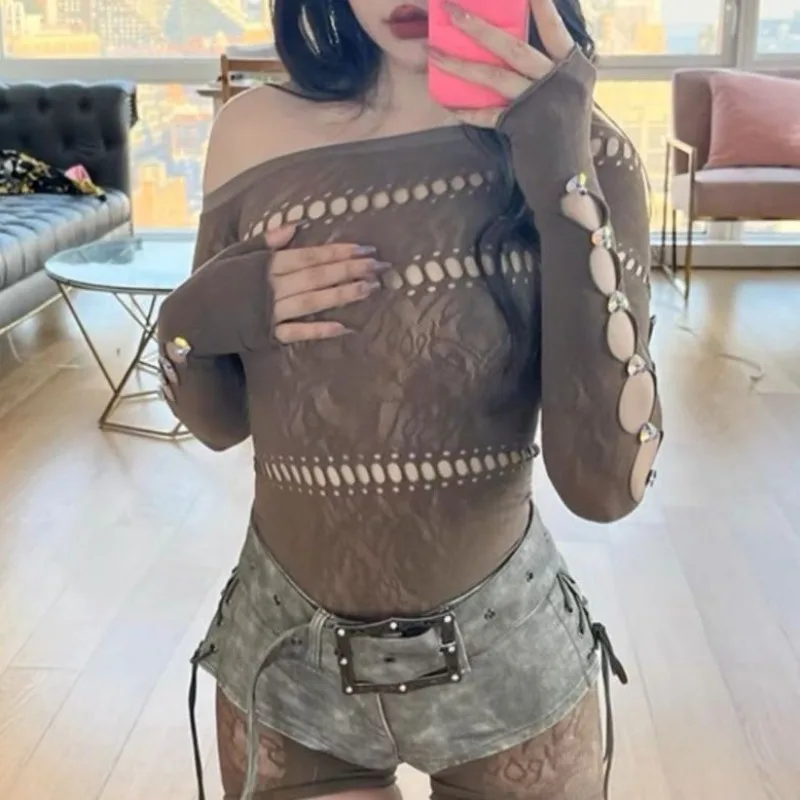 Europe American Retro Summer Perspective Jumpsuit New Sexy Mesh Hollow Playsuits Long Sleeved Tight Jumpsuit Shorts for Women