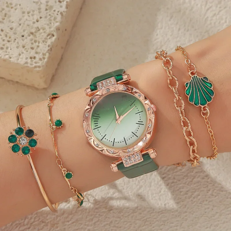 

Fashion Green Watch Roman Diamond Wristwatch Gradient Dial Crocodile Pattern Belt Quartz Watches Green Flower Bracelet Relogio