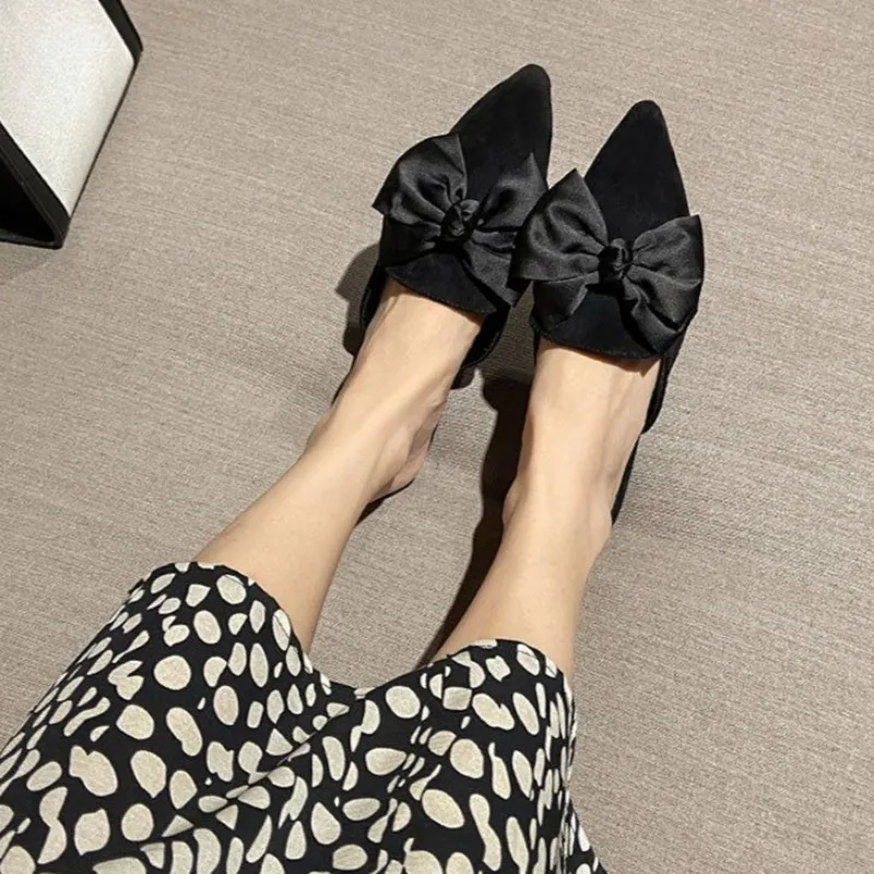 

2026 French Women Shoes Flat Mid Heel Closed Toe Half Slip On Single Shoe Half Slipper Mule Summer Outdoor Slide With Bowknot
