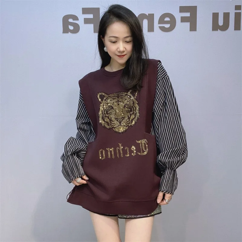 High-end Fall Winter Contrasting Color Splicing Sweatshirt Women's Diamond-encrusted Loose O-neck Oversized Long-sleeved Hoodies