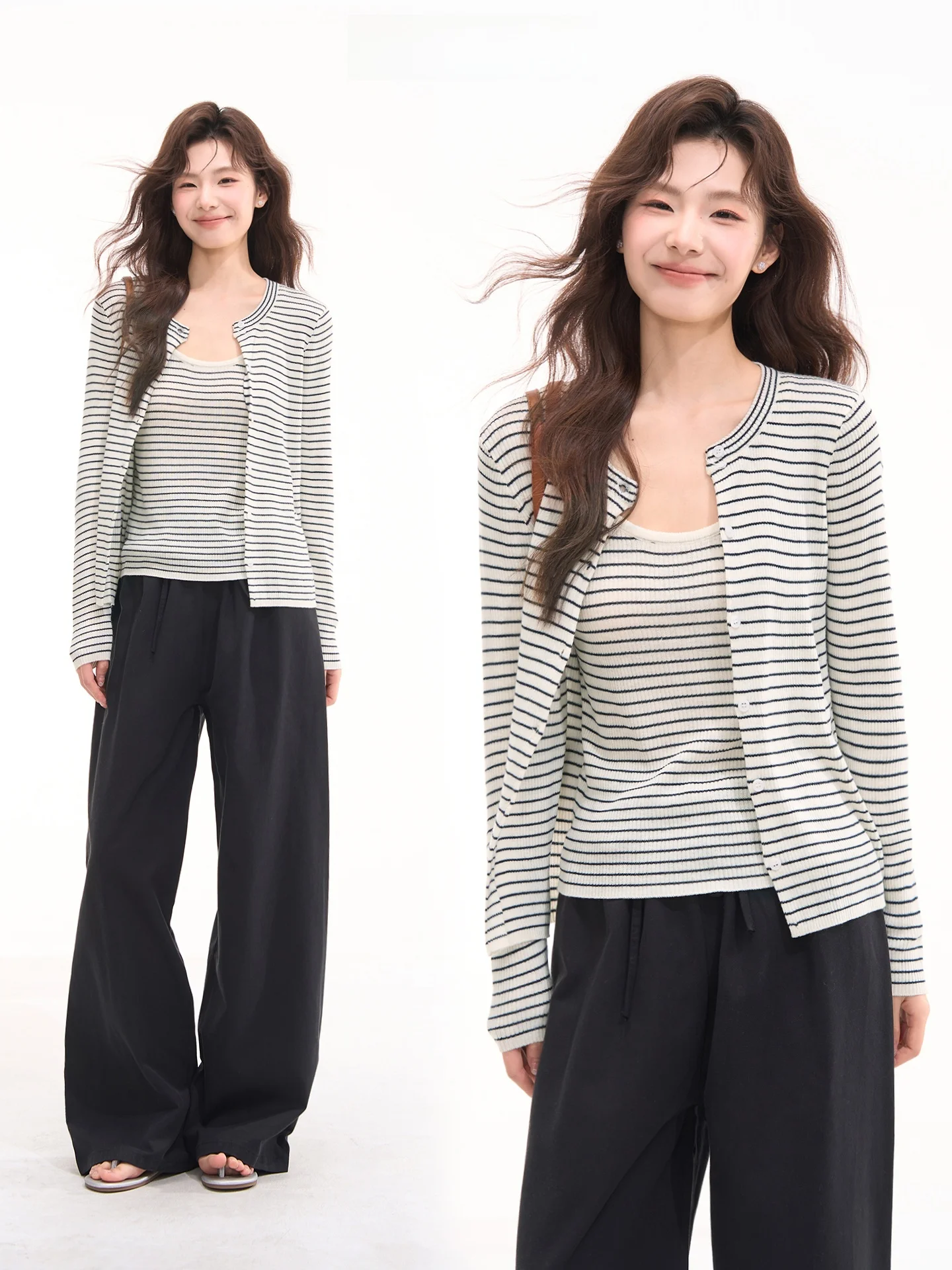 

Комплект из двух предметов: вязаный кардиган в полоску из шерсти Heme 6 и топ на бретельках, женский, летний, свободного кроя, в корейском стиле, с длинными рукавами, круглый вырез