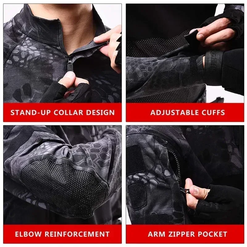 Outdoor Tactical Shirts Men Long Sleeve Tops Combat Shirt Camo 1/4 Zipper Ripstop Elasticity Hiking T-shirts Hunting Clothes