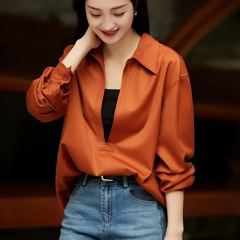 

Autumn Top Vintage Blouses Fashion Women Deep V-neck Shirt Loose Long Sleeve Shirt Female Tops Blusas Elegant Clothes 30040