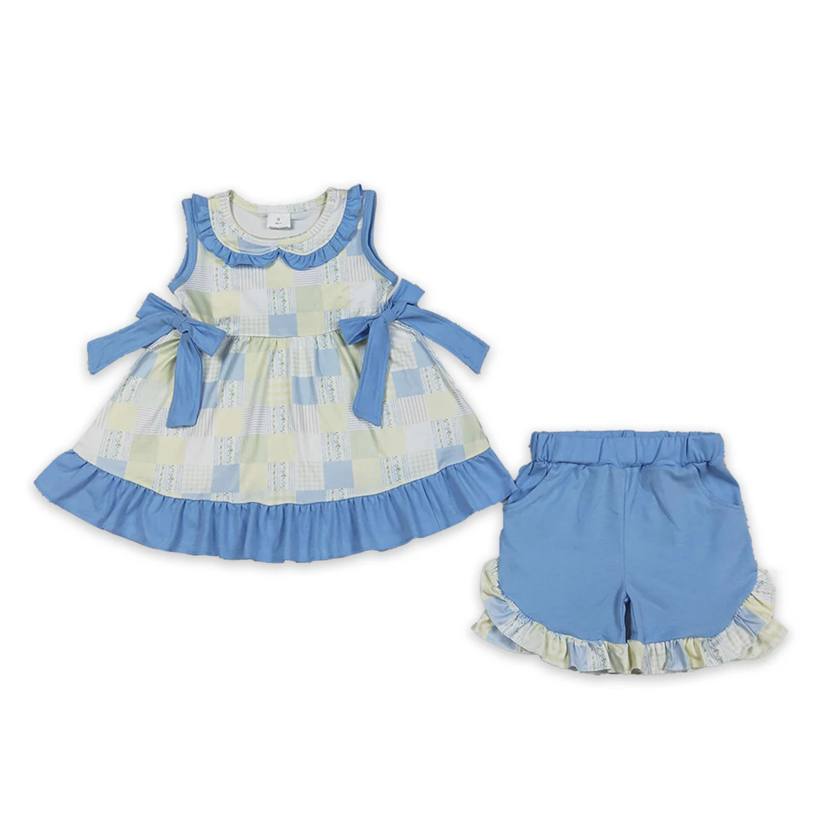 Summer Baby Girls Flowers Checked Collar Tunic Pockets Ruffle Short Clothes Sets Kids Comfy Boutique Fashion Clothing Wholesale