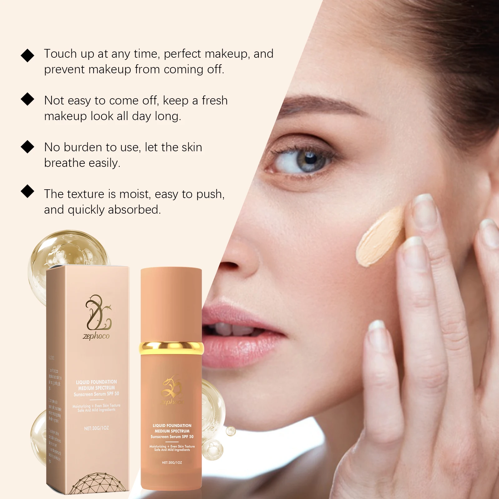 Zephoco Liquid Foundation Spf50 Medium Spectrum Sunscreen Serum Matte Waterproof Hyaluronic Acid Deep Hydration Face Foundation