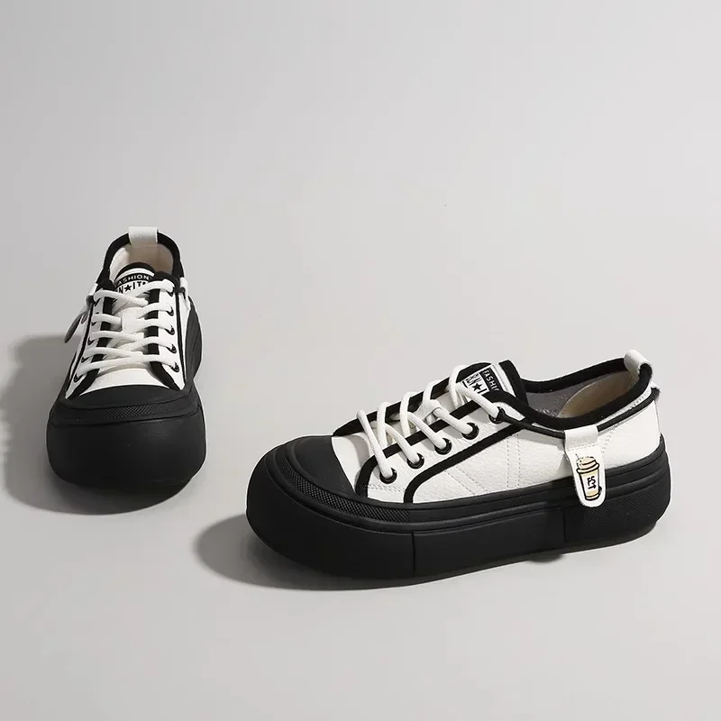 

New Leather Women Thick Sole Small White Shoes Low Top Lace Up Korean Two Wear Casual Board Shoes Platform Shoes