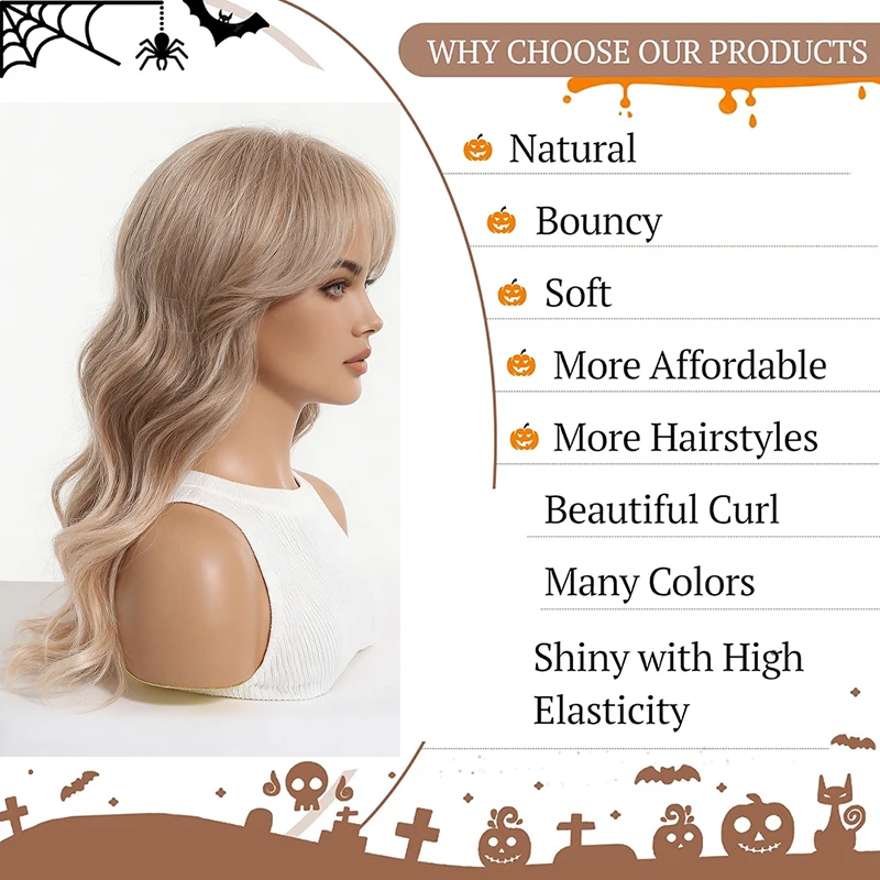 Ombre Rose Gold Long Wavy Wig Pre Plucked Natural Hairline 20" Air Bangs Glueless Heat Resistant Daily Party Wig For Black Women 5
