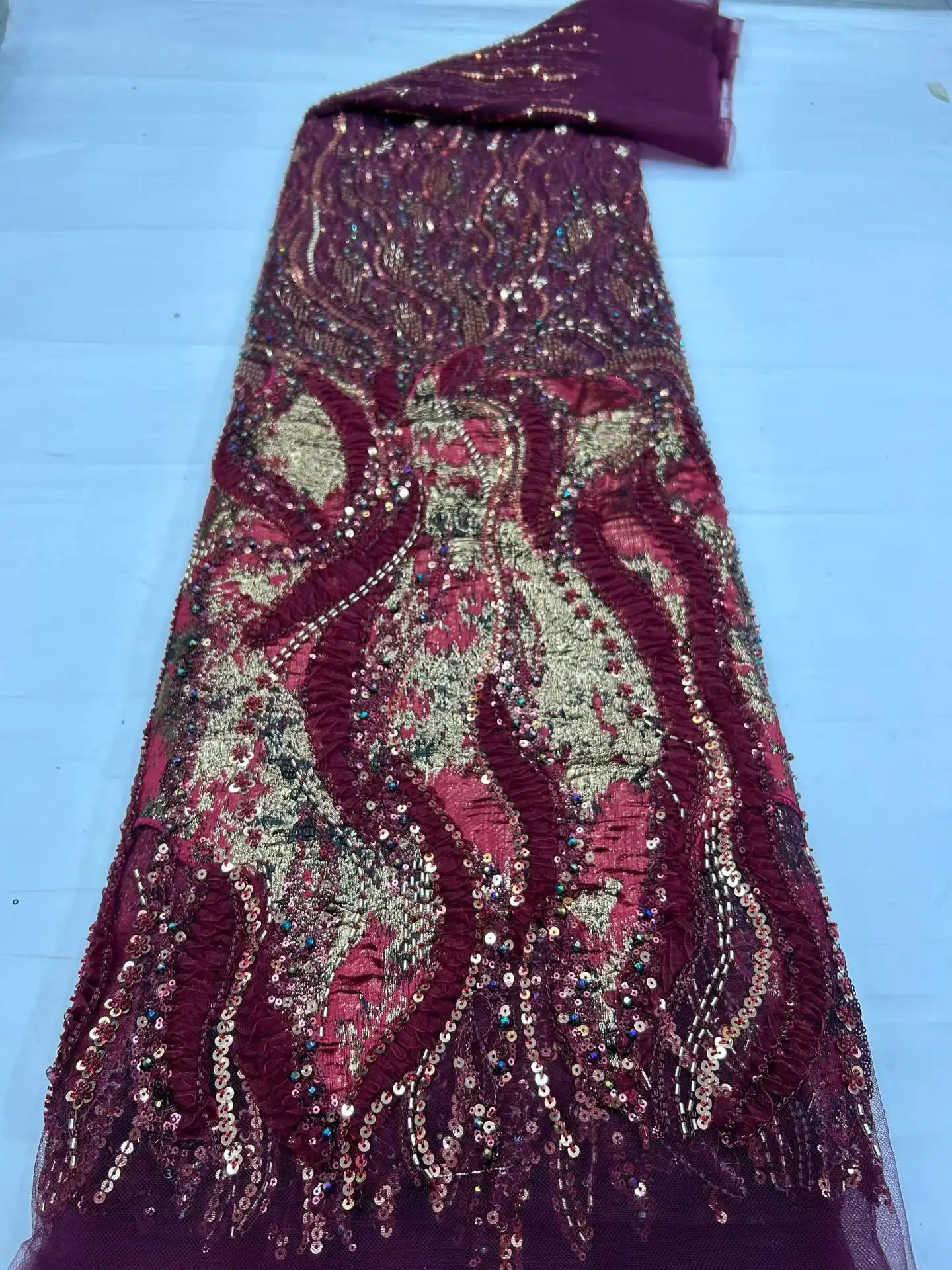 French Mesh Lace Fabric with Embroidery Sequins Tulle Beaded 2026 African Design for Women's Party Dresses 5 Yards Sewing Materi