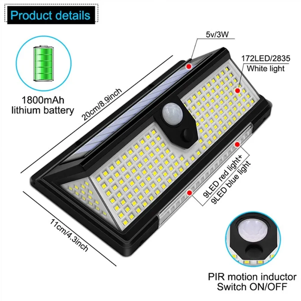 Luz solar solar ao ar livre com sensor de movimento, decoração do jardim, lâmpada de parede, 4 Mode, IP65 impermeável, porta do quintal, 190LED