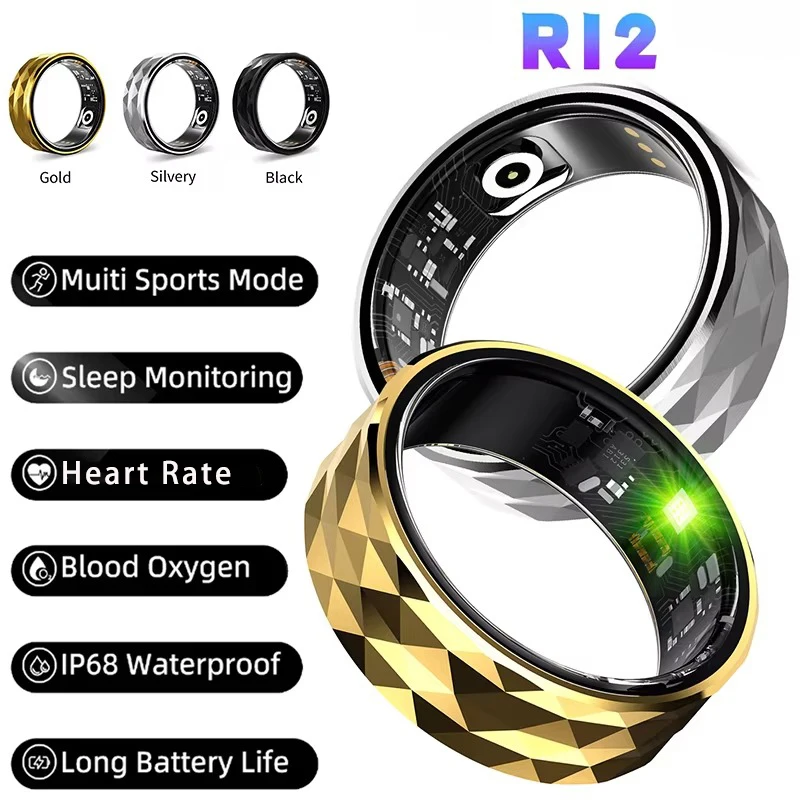 R12 Smart Ring Frequenza cardiaca Ossigeno nel sangue Monitor della salute del sonno IP68 e 5ATM Modalità multi-sport impermeabile Conteggio dei calorie Tracker Anelli