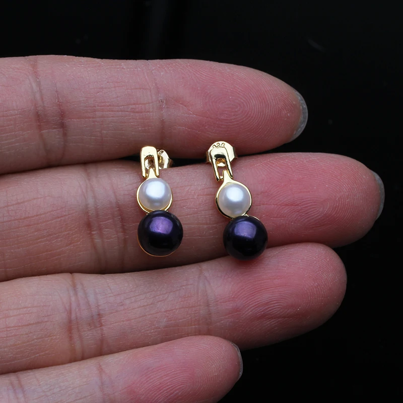 Real Natural Double Pearl Earrings For Woman,Cute Bridal Stud Earring Pearl Fine Jewelry Wife Mother Gift White Black