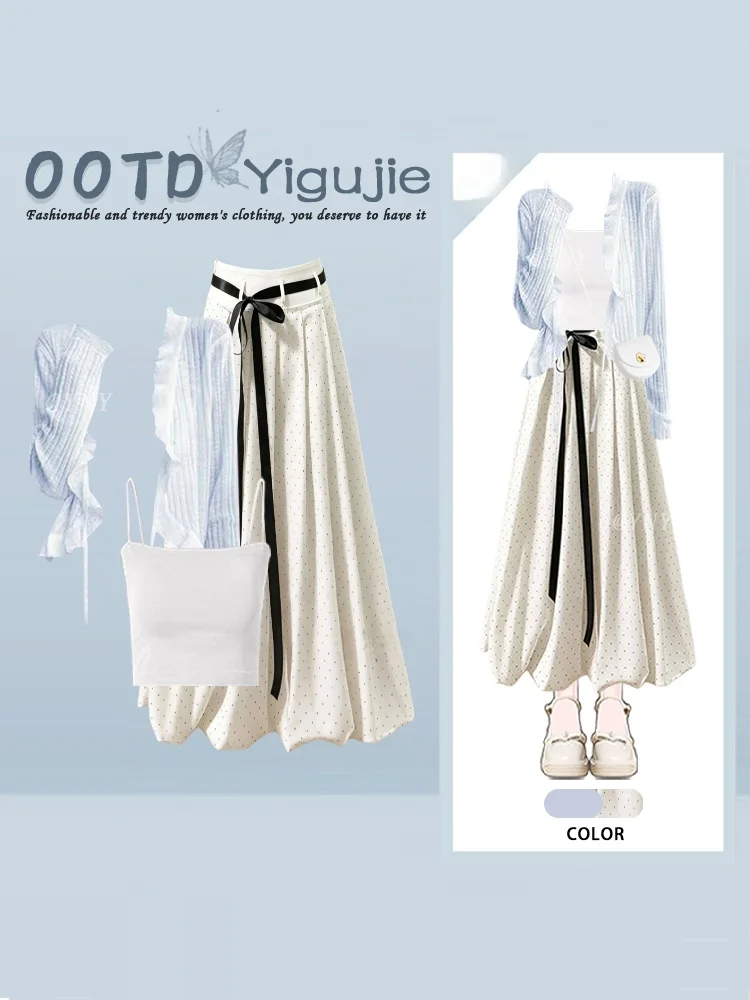 Blue Knitted Open Cardigan Vest Inner Polka Dot Skirt Three Piece Set Women's Gentle Wind Wooden Ear Autumn Fashion Ensemble