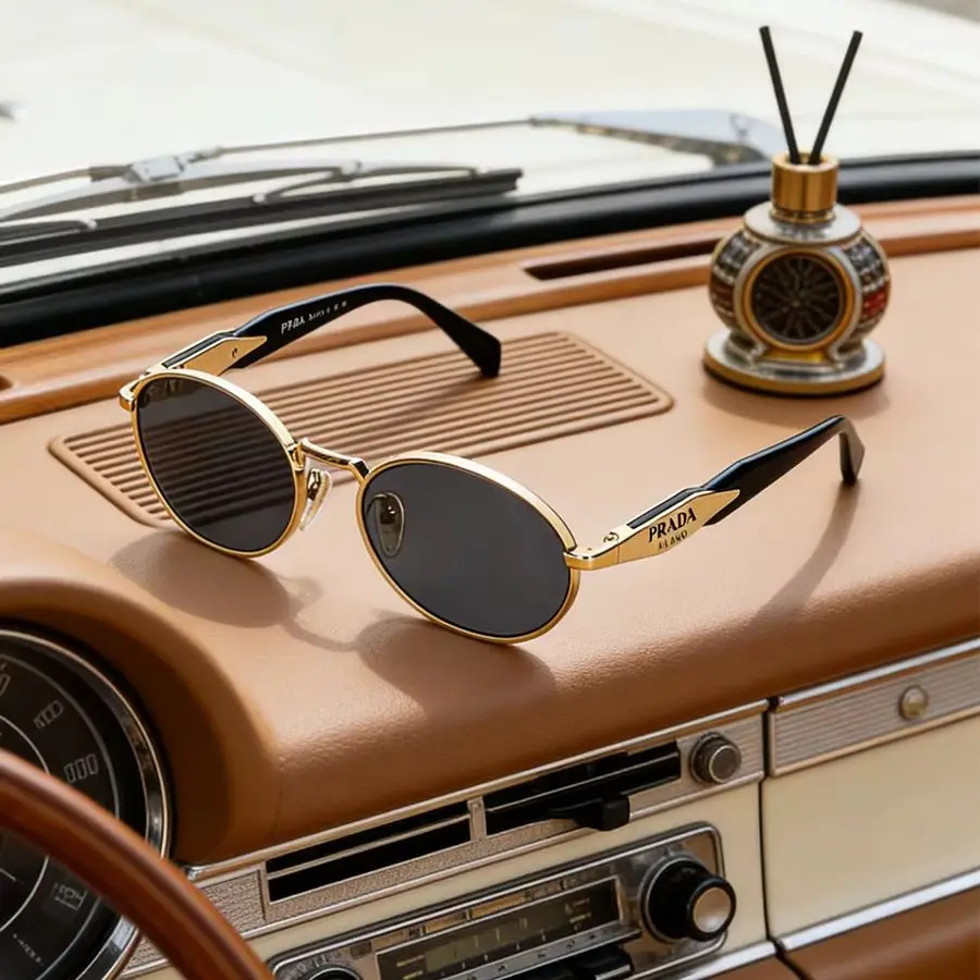 Prada PR65ZS ZVN09T Oval Sunglasses Pale Gold Metal Frame Dark Grey CAT.3 UV400 Luxury Retro Shades