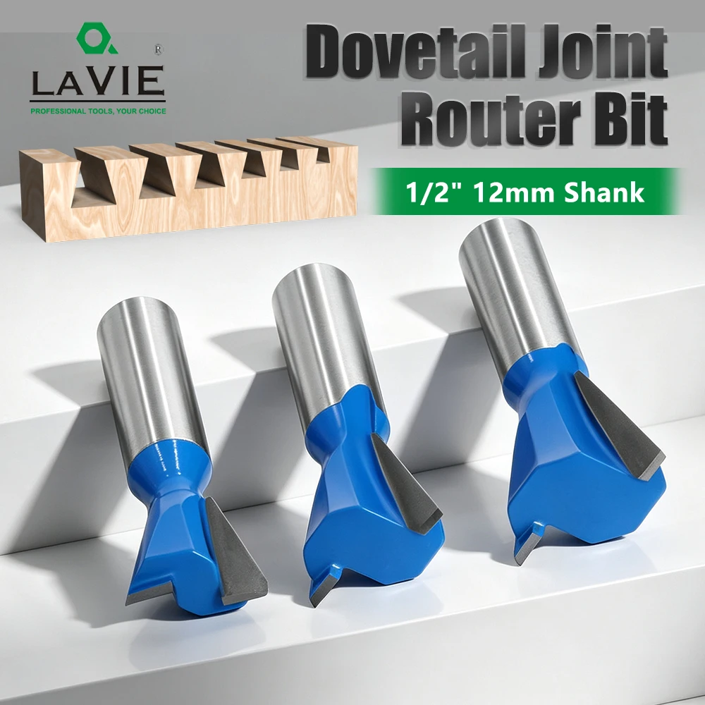 LAVIE 1/2" Shank Dovetail Bit Set 6Pcs Carbide Wood Router Cutter 3/8" To 1" Inch Dia For CNC Dovetail Joinery Woodworking