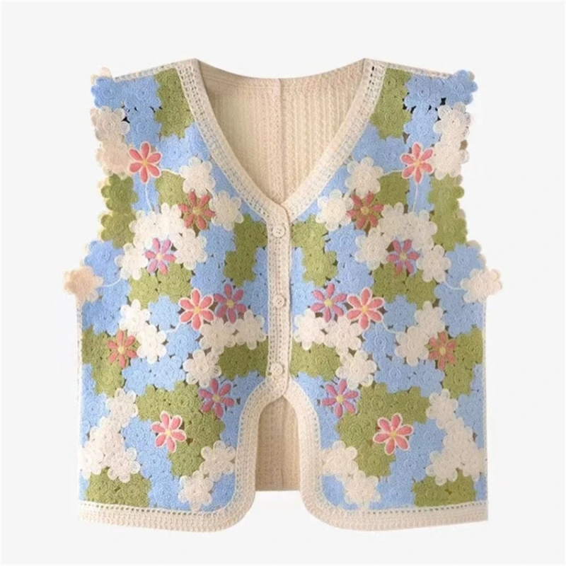 Women Button Up Cropped Vest Crochet Knit Floral Sleeveless Waistcoat Cardigan