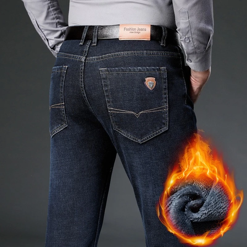 

Флисовые теплые мужские прямые джинсы, зимние толстые бархатные деловые повседневные узкие джинсовые брюки с высокой талией, брендовая мужская одежда большого размера