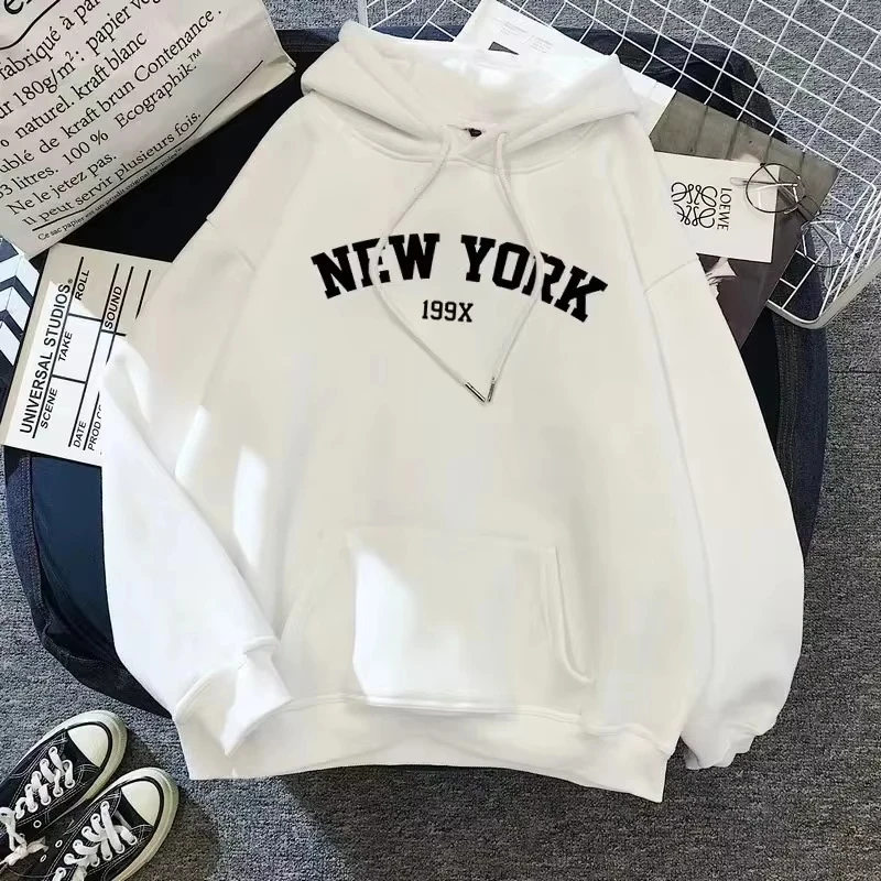 Hoodie Europa und Amerika Sweatshirts für Damen New York Letter y2k Herbst Winter Lässiger Langarm-Pullover mit Taschen – Detail 11