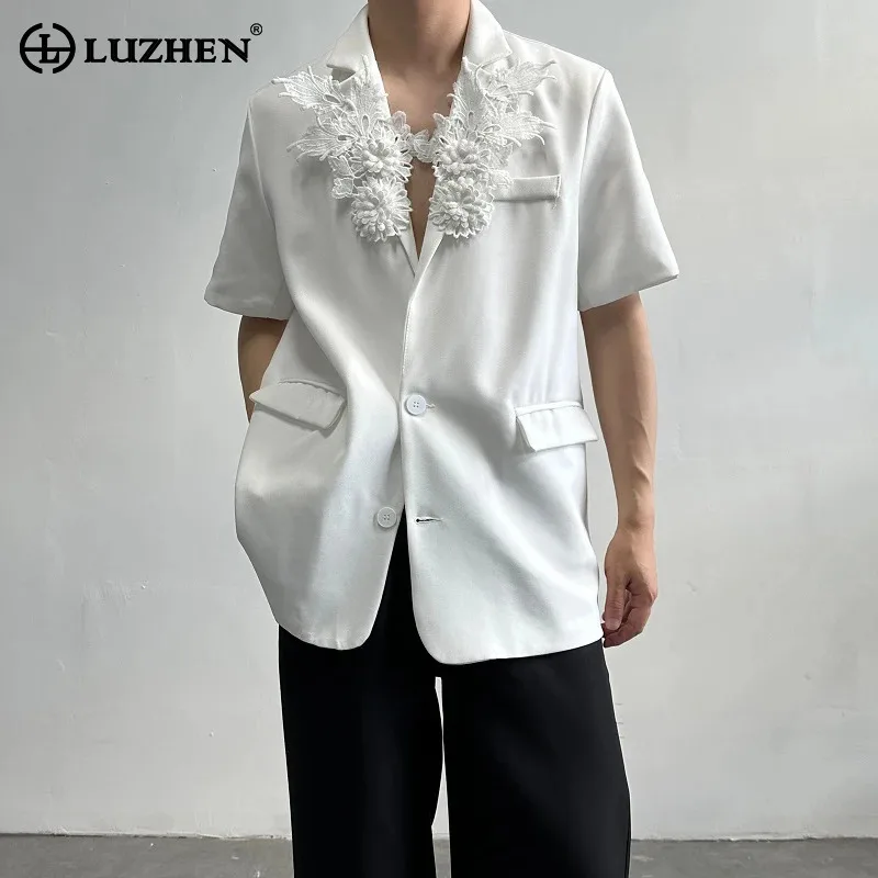 

LUZHEN Floral Three-dimensional Patchwork Solid Color Blazer Shirts Men's 2025 Summer Short Sleeve Elegant Handsome Tops JY2857