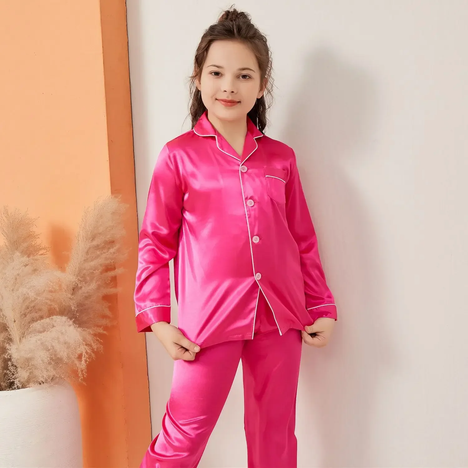 Boys and Girls Fashion Autumn Imitated Silk Fabric Pajama Sets Home Clothes Thin Long Sleeve Trousers Sets Pijamas Two Pieces