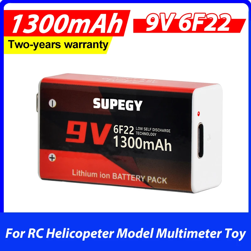 SUPEGY 1300mAh USB 9V Li-ion Battery USB-C for RC Helicopeter Model Multimeter Toy