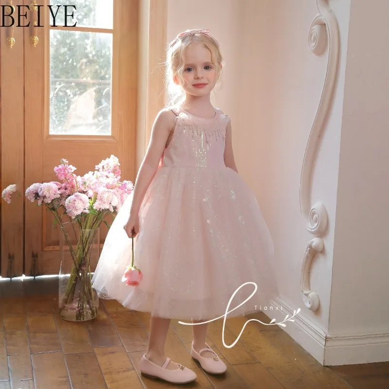 Summer Korean Style Children's Dress Crew Neck Pearl Tassel Puff Princess Dress Litlle Girls Sleeveless Sweet Gauze Dress