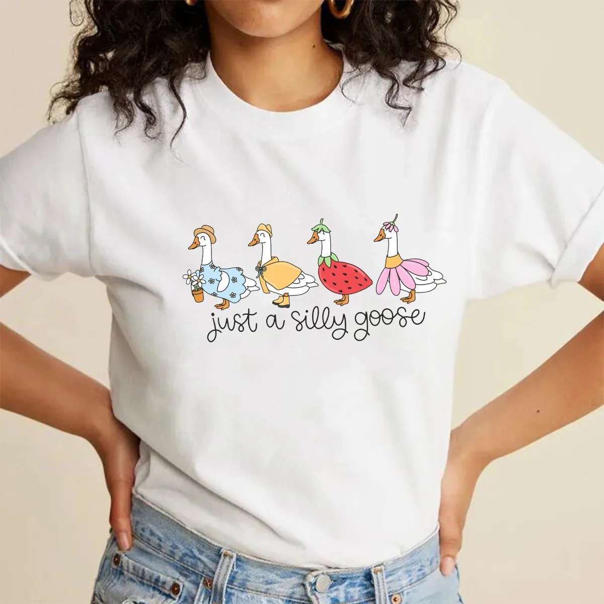 

Женские хлопковые футболки с забавным мультяшным принтом Just a Silly Goose, летние свободные повседневные милые топы с короткими рукавами, модные футболки Ins