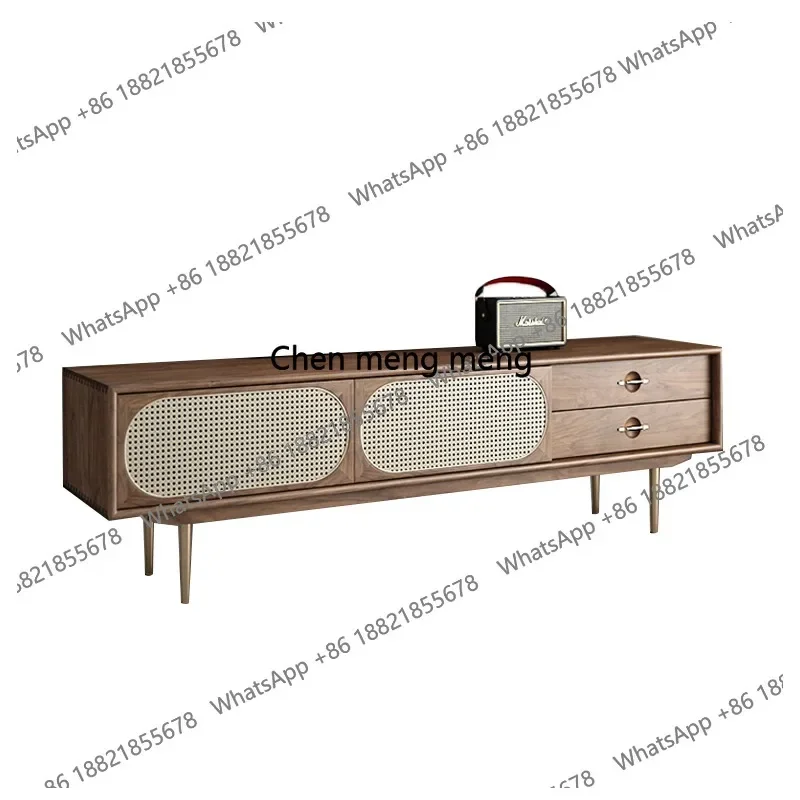 Black walnut solid wood, rattan TV cabinet modern, simple, home furnished floor cabinet