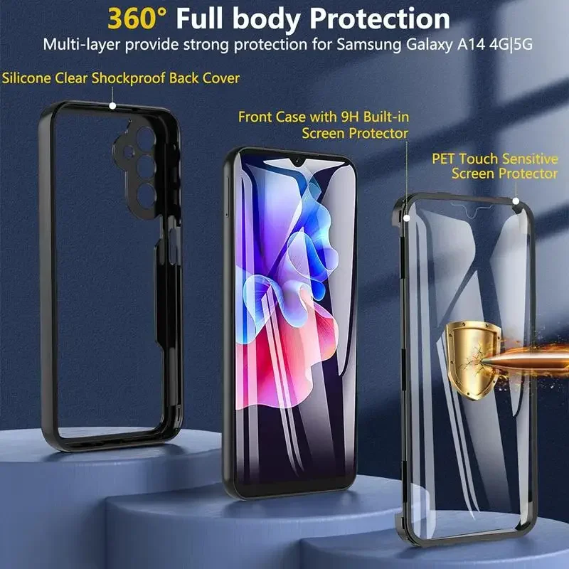 360 protetor de tela de corpo inteiro caso transparente para samsung galaxy a05 a05s a15 a25 a35 a55 a06 a16 capa de telefone à prova de choque