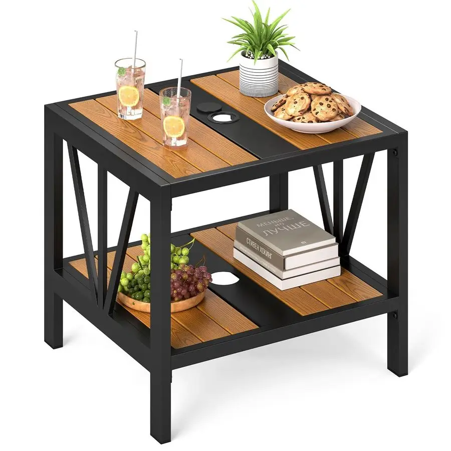 

Outdoor Side Table with Umbrella Hole 1.57, 2Tier Coffee Bistro End Table Umbrella Stand with Storage Shelf, for Backyard Poolsi