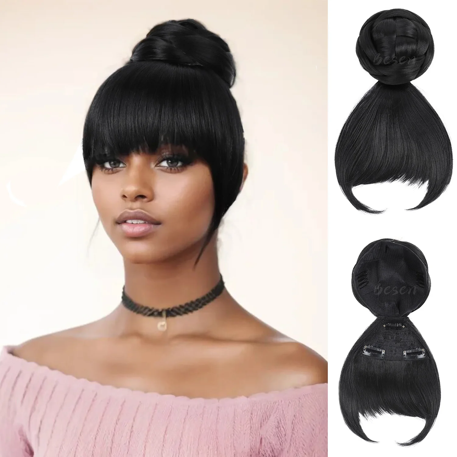 

Синтетический черный быстросъемный шиньон в пучок с челкой, Плетеный шиньон с зажимом для волос, шиньон с бахромой для наращивания