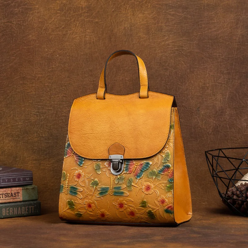 Sac à dos rétro en cuir véritable pour femmes, sac à bandoulière Vintage en cuir de vache de première couche, sac de voyage décontracté pour dames pour téléphone Ipad