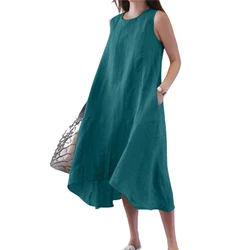 Bequemes einfarbiges Baumwoll leinen kleid Frauen Sommer große Doppelt asche ärmelloses elegantes weibliches Kleid im minimalist ischen Stil