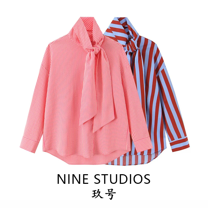 

Casual Striped Print Long Sleeve Shirt Women's Loose Fit Knot Decor Polyester Fiber Breathable Skin-Friendly Shirt