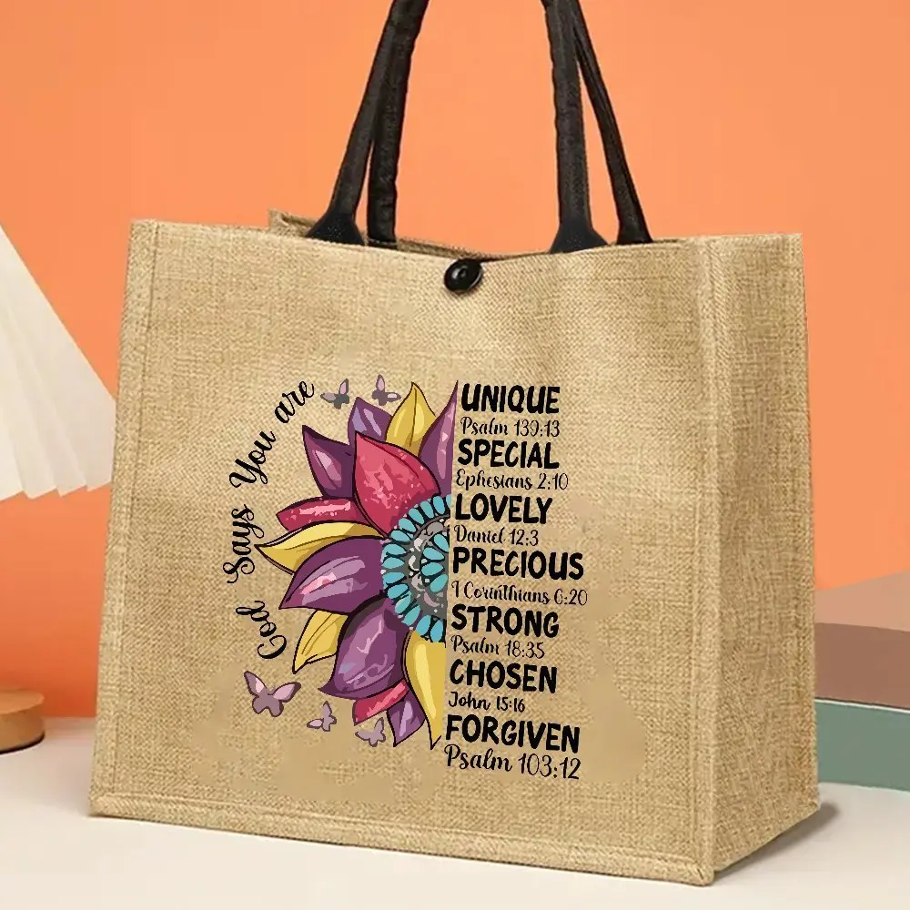 Bible Verse Jute Tote Bag Colorful Sunflower Butterfly Design Women Eco‑Friendly Shoulder Shopping Bag Reusable Shopping Bag