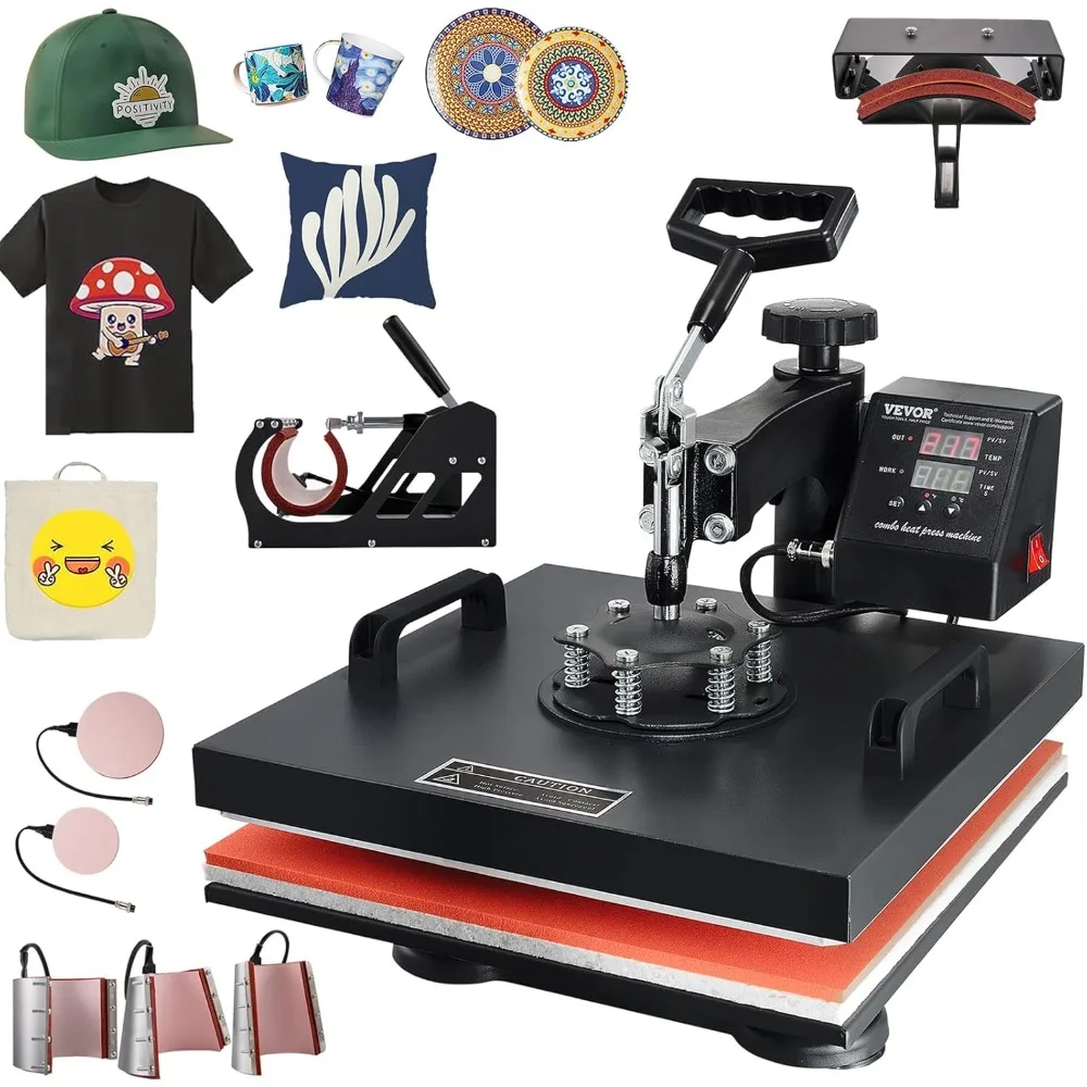 8 in 1 Heat Press Machine 15x15 Inch 360° Swing Away Digital Tshirt Press Machine with (Tumbler/Hat/Plate) Press