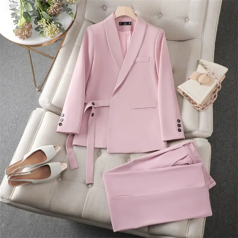 Roze Damespakken 2-delige Blazer + Broek Katoenen Lente Kantoor Dame Zakelijke Werkkleding Mode Meisje Jas Broek Prom Dress