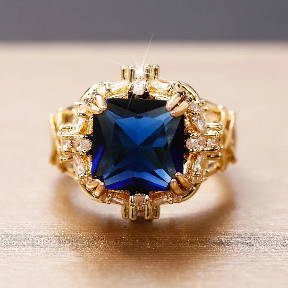 Huitan Gorgeous Dark Blue CZ Female Ring Dazzling Flower Design Aesthetic Women Accessories Anniversary Party New 2025 Jewelry