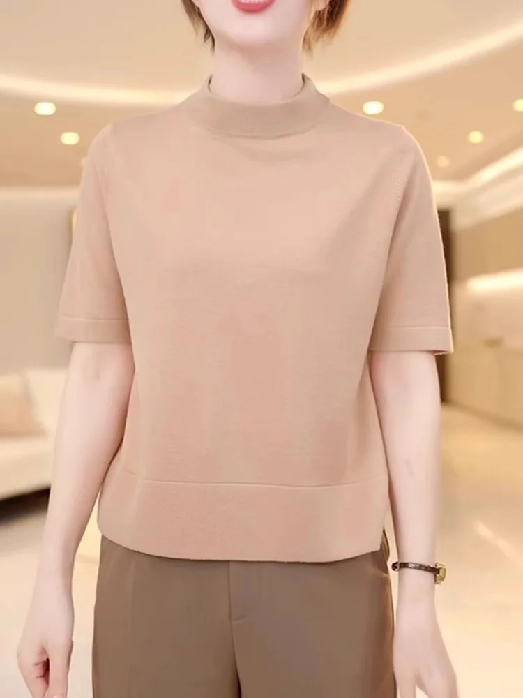 

Comfortable Casual Color Half High Collar T-Shirt Simple Elegance Versatile Design Short Sleeve Knitted Shirt Autumn Wear