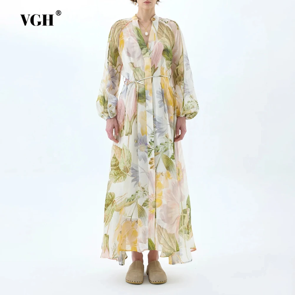 เดรสยาวสไตล์โบฮีเมียนสำหรับผู้หญิง คอวี แขนพอง แต่งผ้าลูกไม้พิมพ์ลาย ผ้าตาข่ายโปร่งแสง รุ่นใหม่สำหรับฤดูใบไม้ร่วง